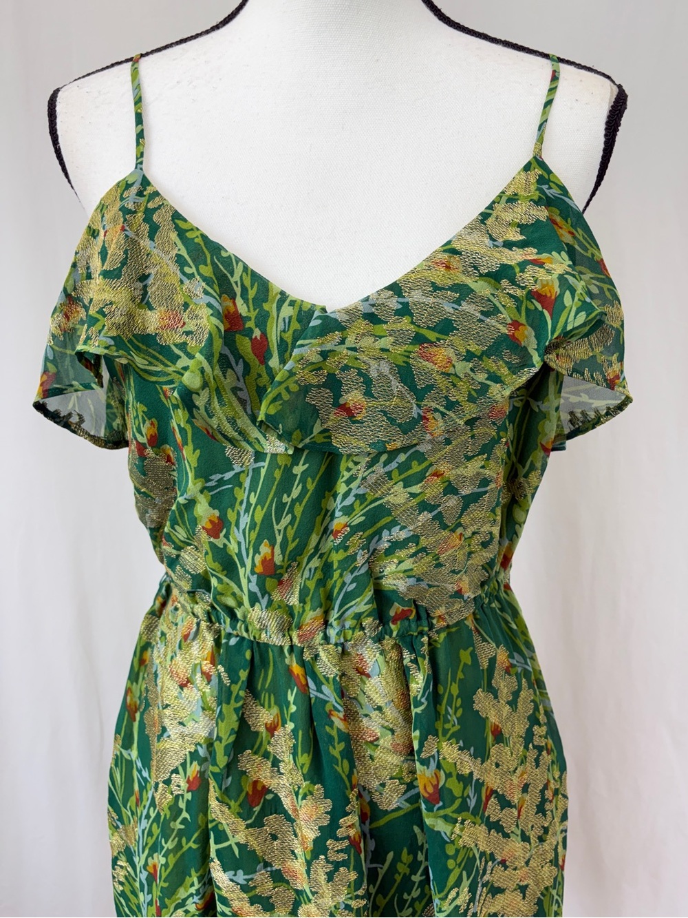 Anthropologie 12th Street 100% Silk Green Gold Ruffle Wedding Guest Dress Medium - Picture 8 of 15